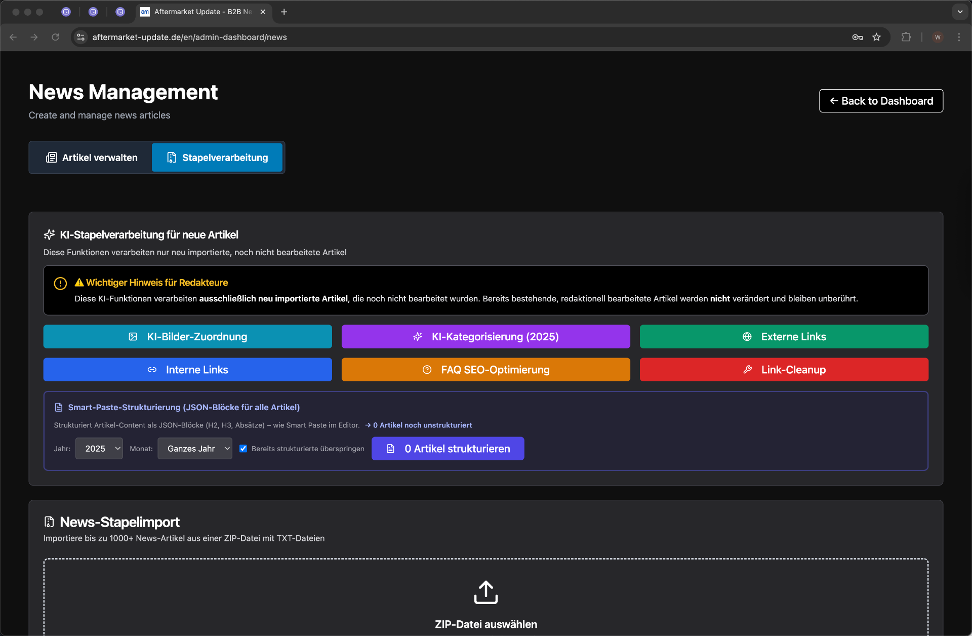 KI-Stapelverarbeitung – Automatische Bilderzuordnung, Kategorisierung, Link-Analyse und FAQ-Optimierung für neue Artikel