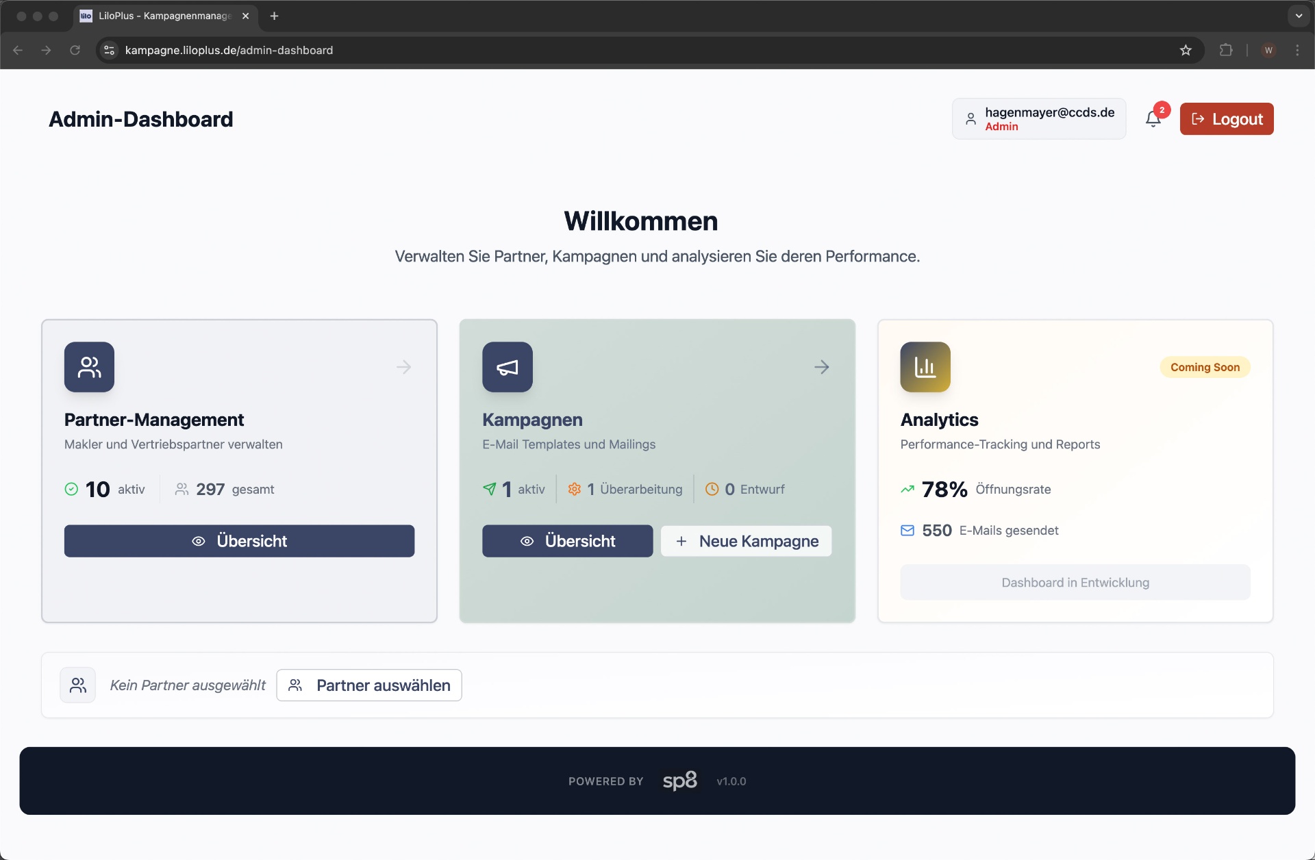 Admin dashboard: Partners, campaigns, and analytics — all KPIs at a glance.