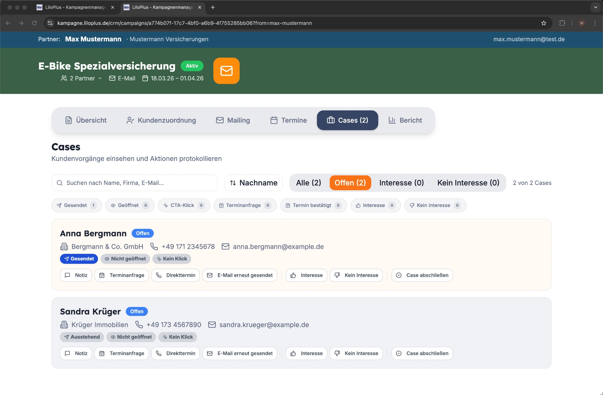 Lead nurturing: Customer cases with real-time tracking — opens, clicks, and actions per contact.