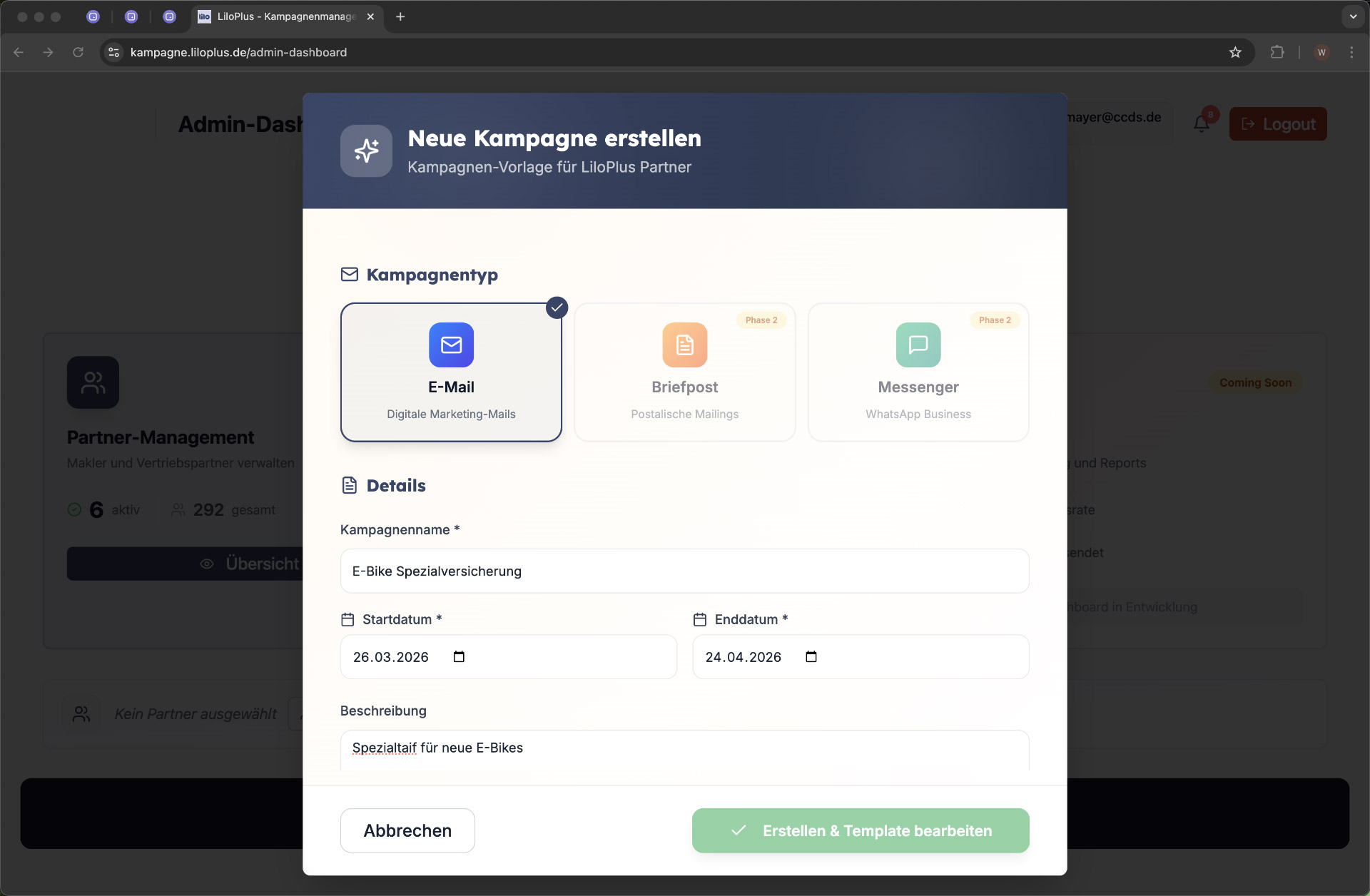 Create new campaign: Campaign type, schedule, and details — ready to launch in under 60 seconds.