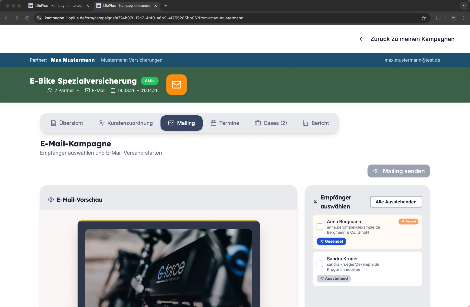 Campaign delivery: Select recipients, track send status, and send with one click.