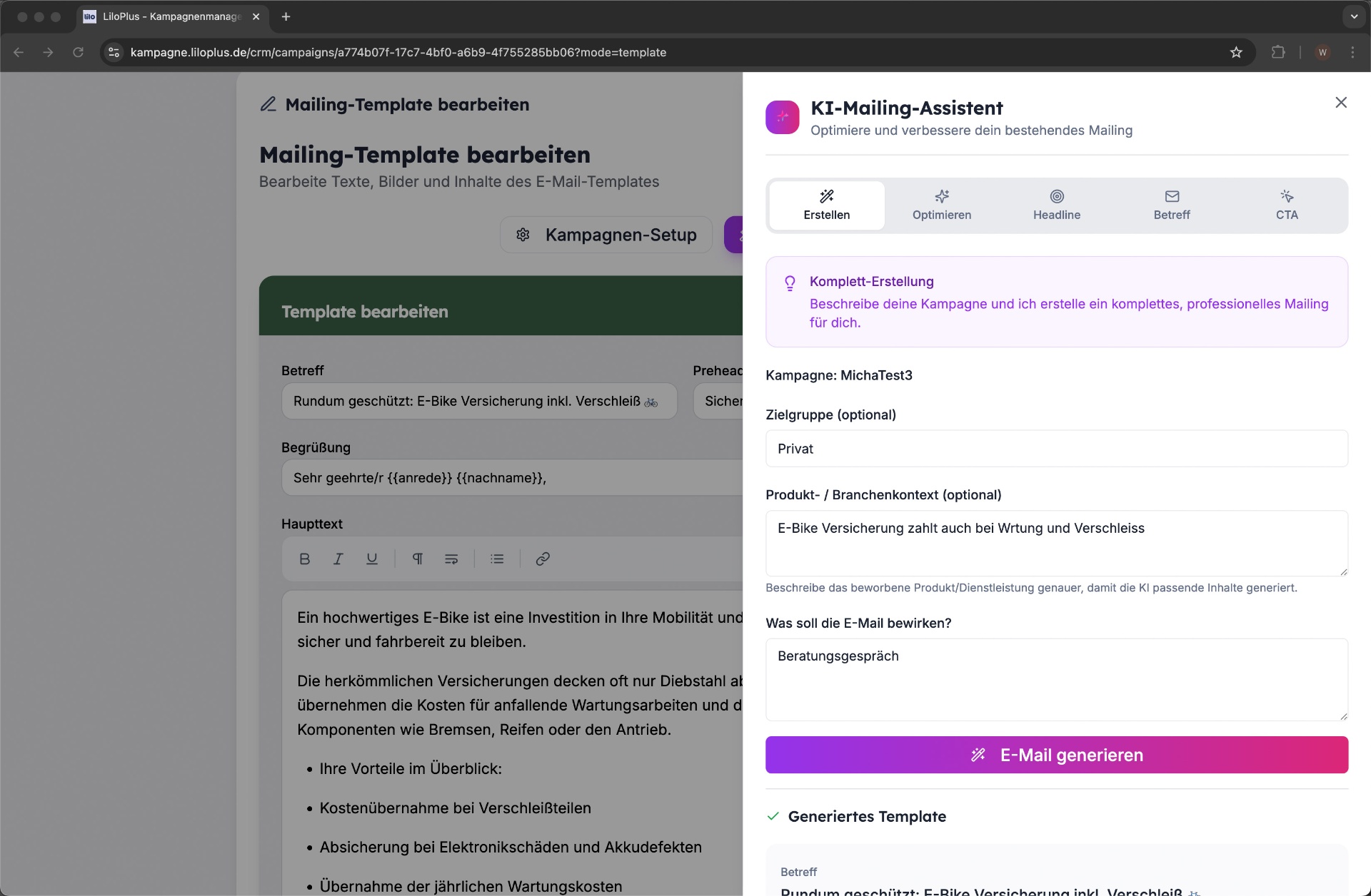 AI mailing assistant: Complete email creation from campaign context — subject, copy, and CTA at the push of a button.