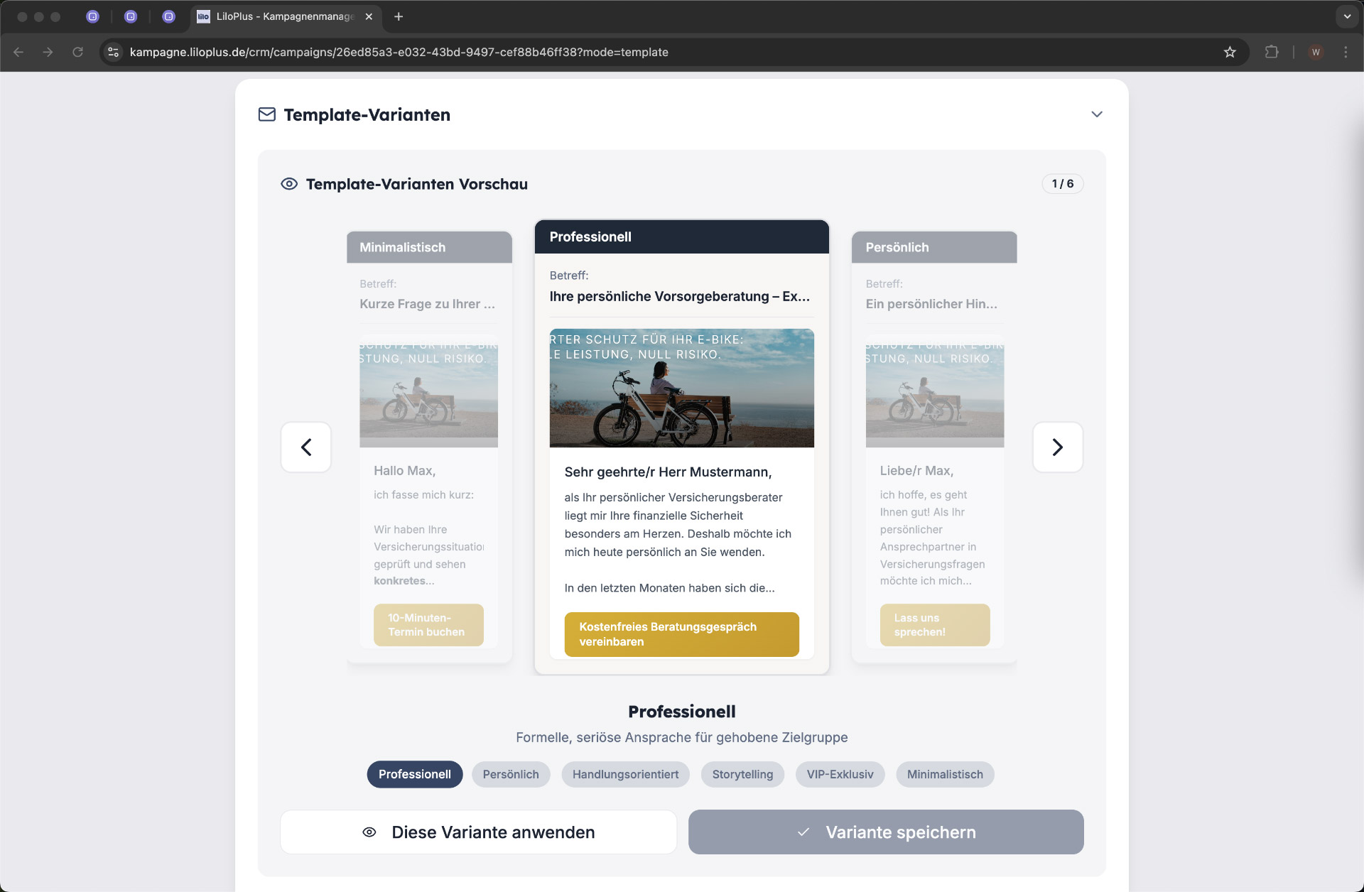 Template variants: Six AI-powered tones — from minimalist to VIP-exclusive — at a single click.