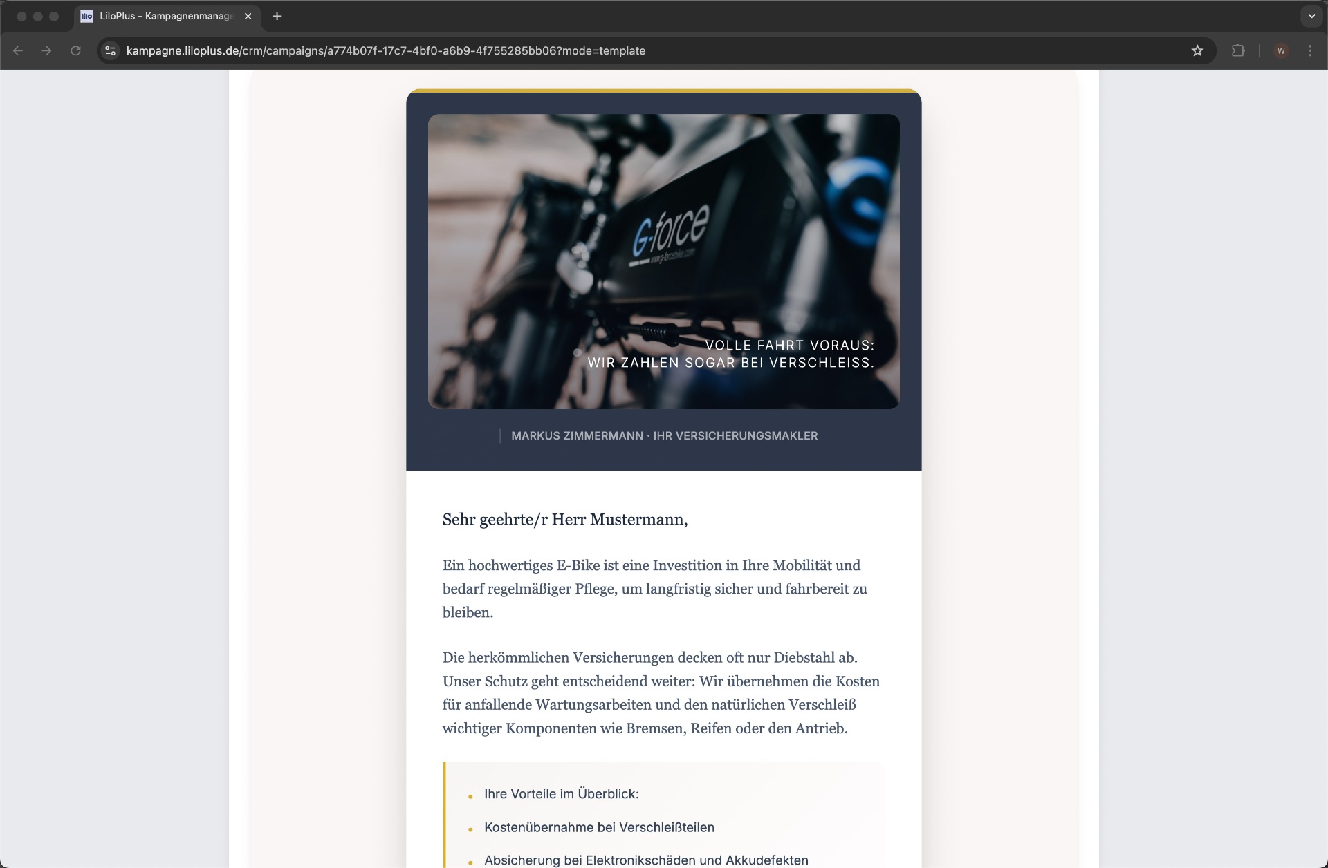 Final mailing: AI-generated headline applied, partner name integrated — ready to send.