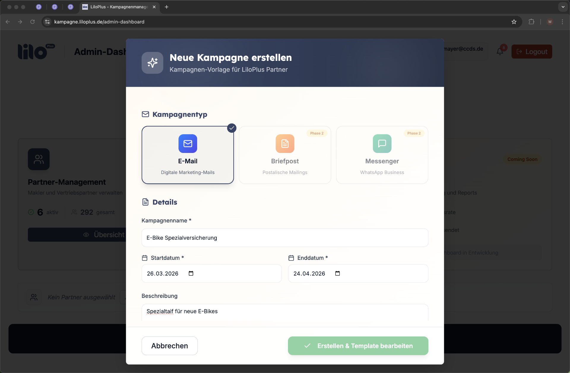 Neue Kampagne erstellen – Kampagnentyp und Details