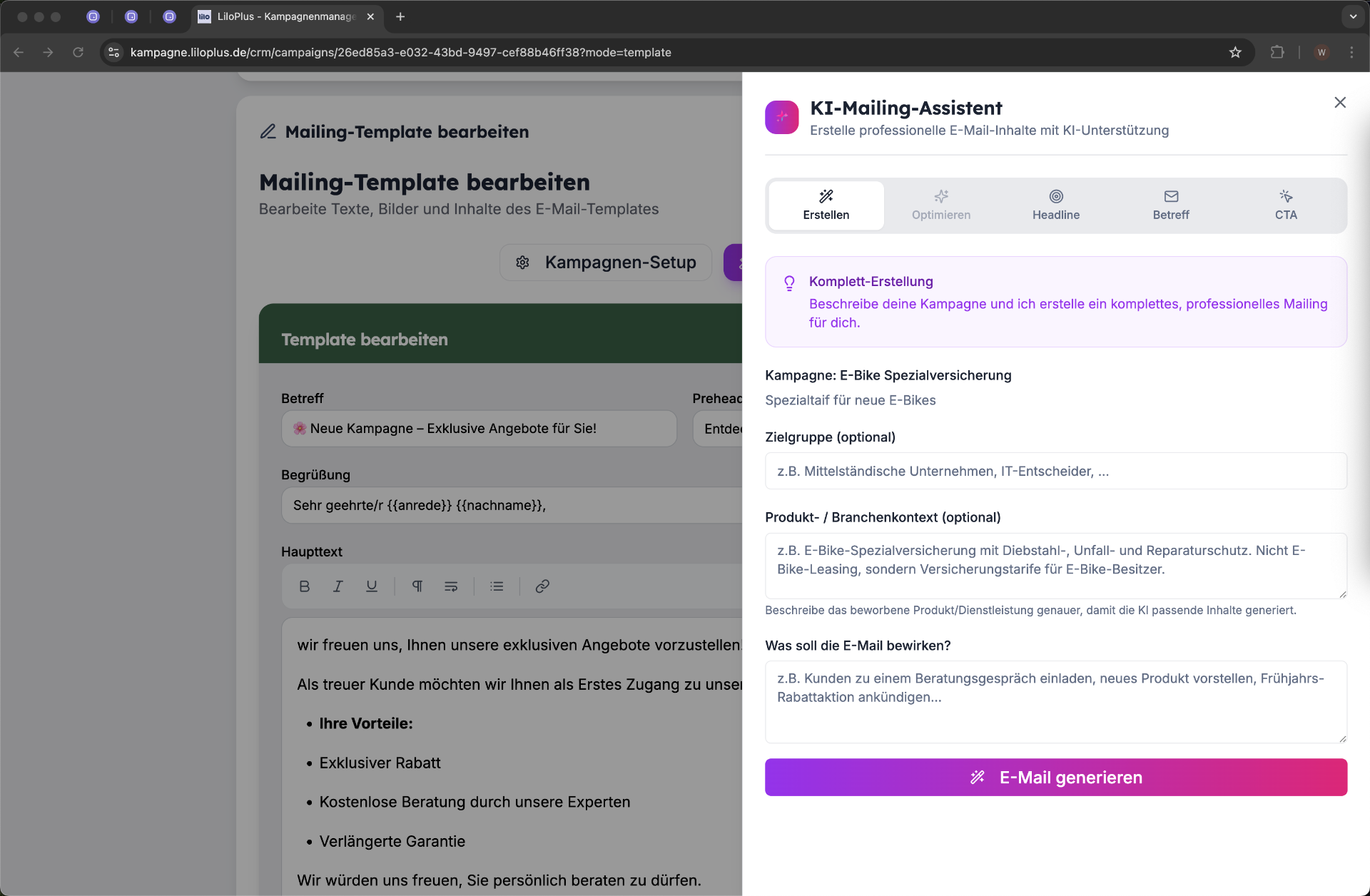 KI-Mailing-Assistent mit Komplett-Erstellung