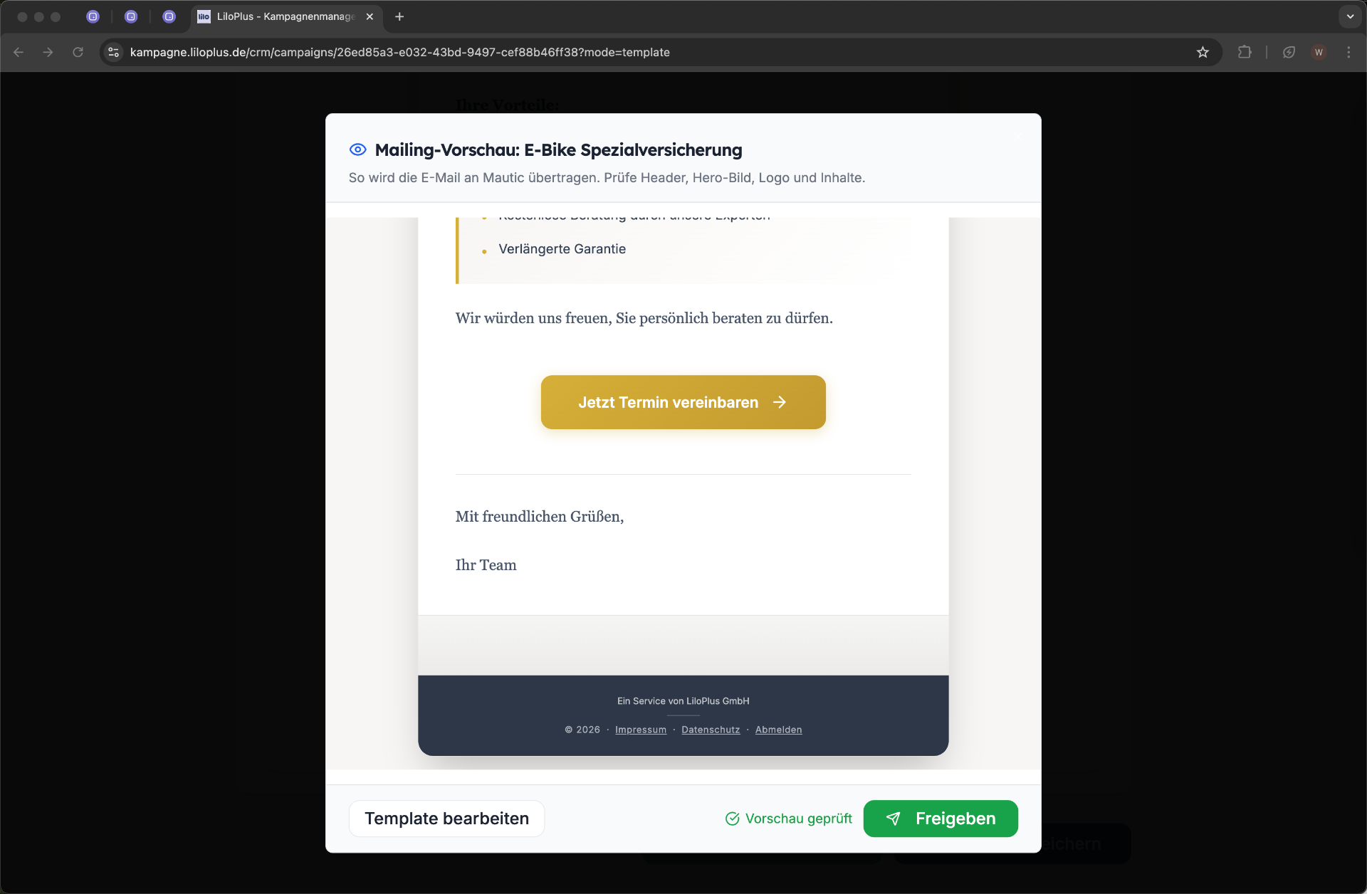 Mailing-Freigabe mit Vorschau und Versand-Button