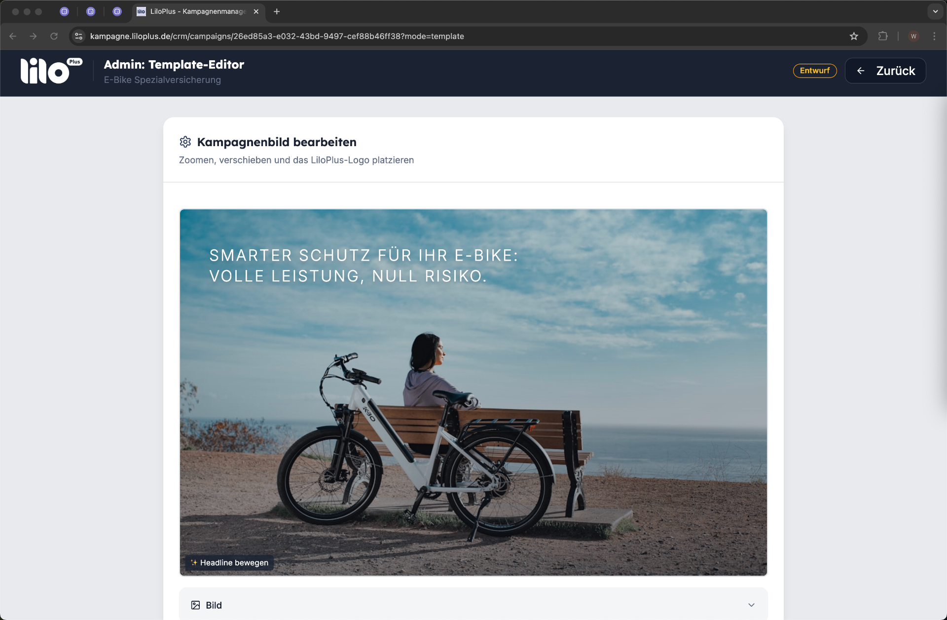 Lilo+ Template-Editor mit Hero-Bild-Bearbeitung