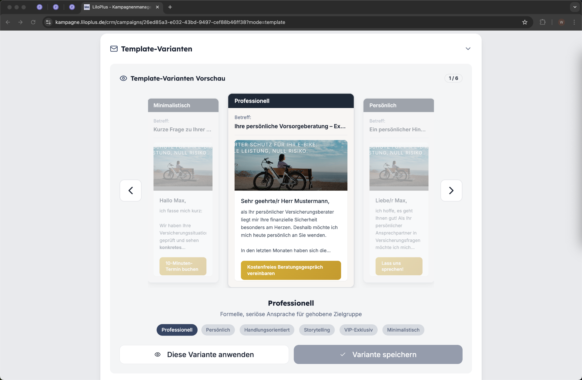 Template-Varianten Vorschau mit verschiedenen Tonalitäten